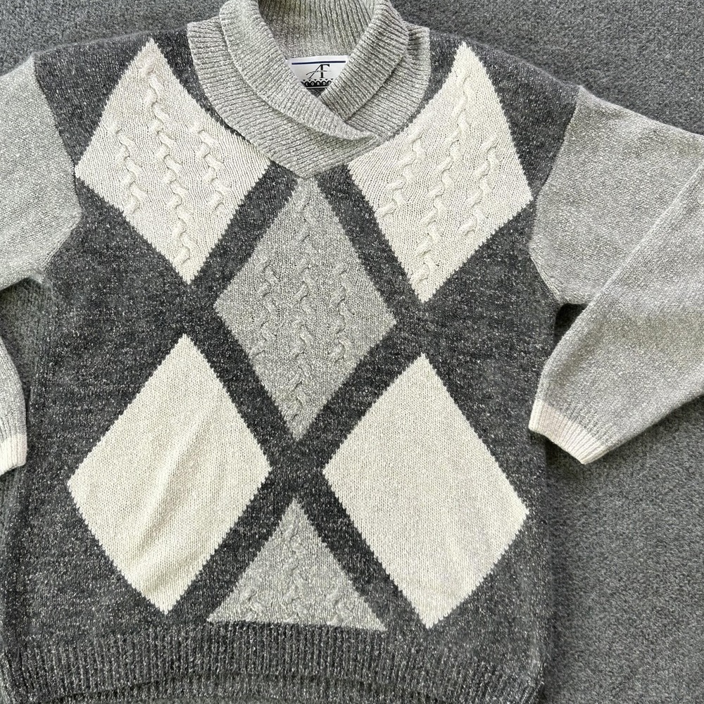 Vintage Argyle Sweater Womens M Alpaca Wool Chunky Knit Shawl Collar